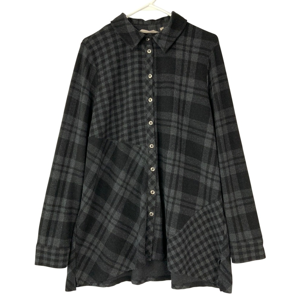 Soft Surroundings Black Gray Plaid Tunic XL Button Up Long Sleeve Mixed Pattern